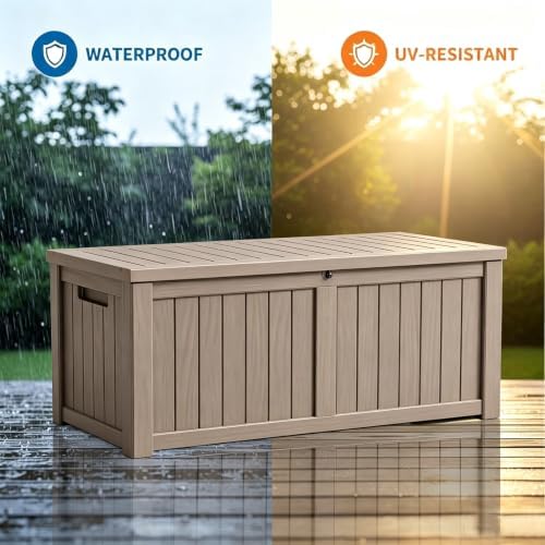 152 gallon resin outdoor storage box, waterproof deck showing dimensions