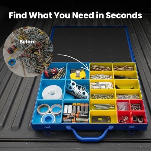 large metal organizer box with 20 removable compartments shown in use