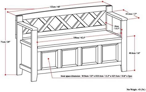 simplihome amherst 48" wide solid wood storage bench, view 14