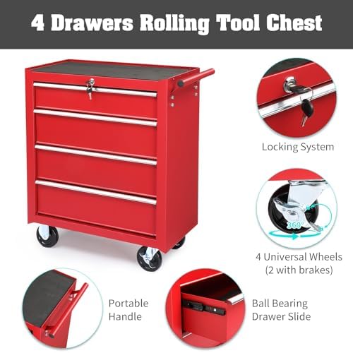 winado 4 drawer rolling tool cabinet, lockable steel, side view