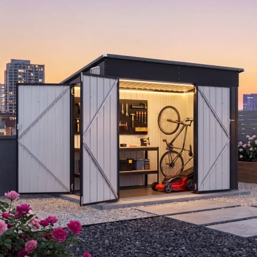 aoxun 7.5'x4' triple door shed outdoor storage shed showing dimensions