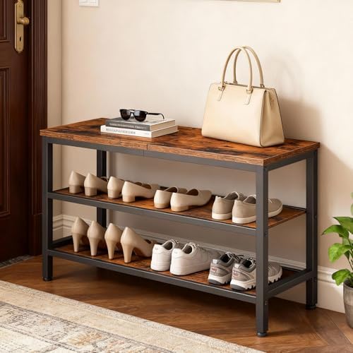 yatiney wooden shoe bench, 3-tier shoe rack, sturdy shown in use