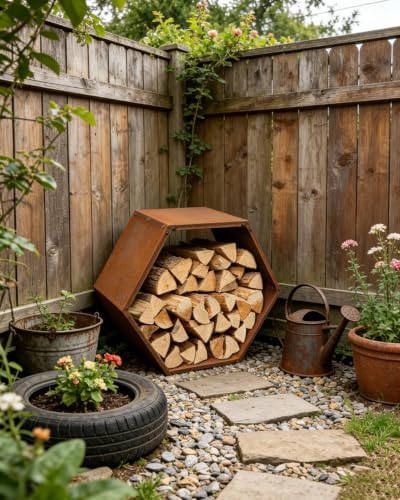firewood rack outdoor, corten steel hexagon firewood holder, front angle view