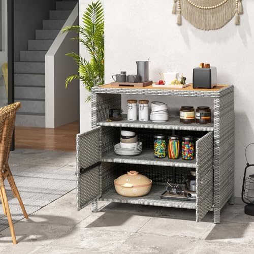 tangkula rattan outdoor storage cabinet, patiojoy outdoor cabinet, front angle view