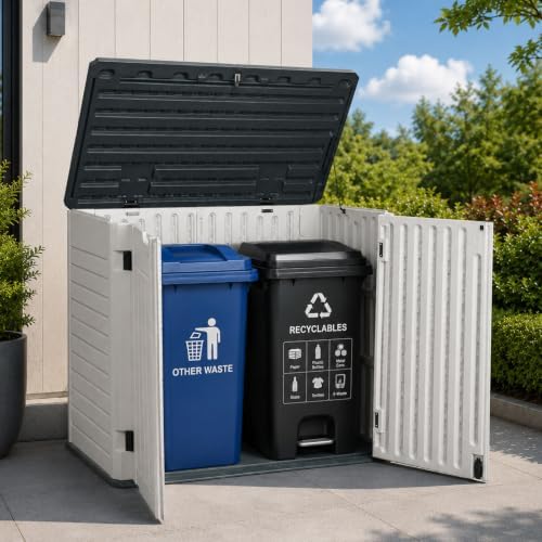 ehhly horizontal resin storage shed, 35 cuft garden shown in use