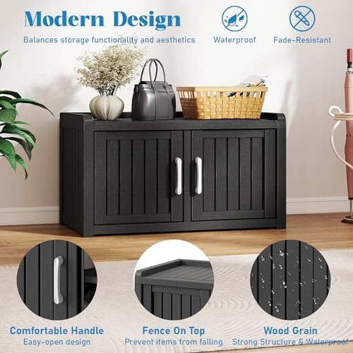 2-tier storage bench, waterproof uv-resistant outdoor shoe storage, side view