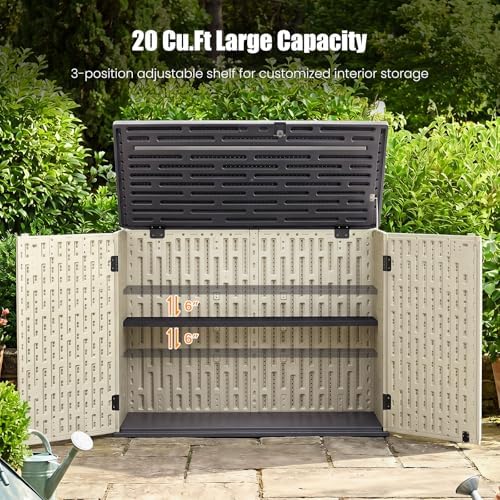 dreamade horizontal outdoor storage cabinet, 20 cu.ft resin showing dimensions