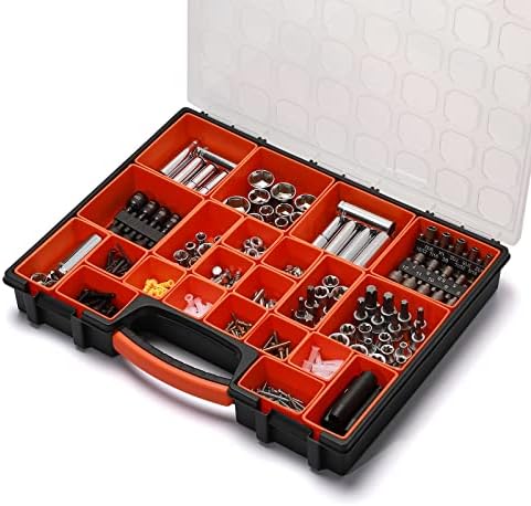 multi-purpose toolbox, professional organizer with 22 bin compartments on a desk or shelf