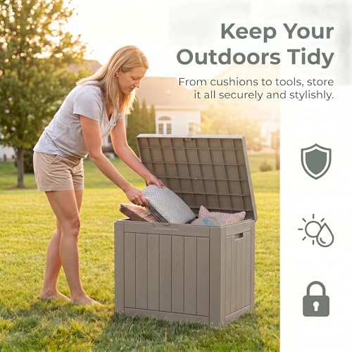 nicbex 30 gallon deck box, waterproof resin outdoor showing dimensions