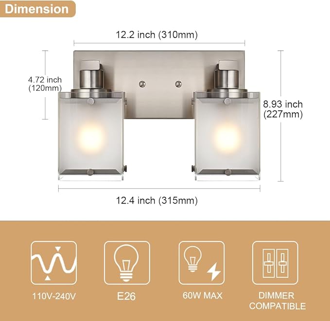 WINSHEN 2-Lights Wall Sconce Lighting, Brushed Nickel Bathroom Vanity Light - Image 4