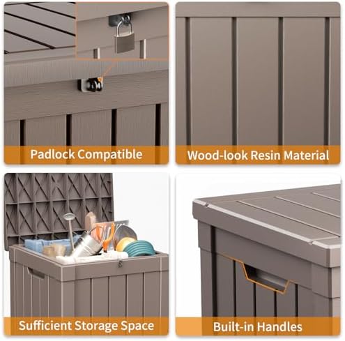 patiozen 50 gallon resin deck box, lockable patio showing dimensions