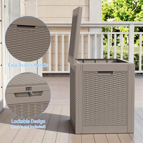 31 gallon deck box, lockable waterproof outdoor storage, side view