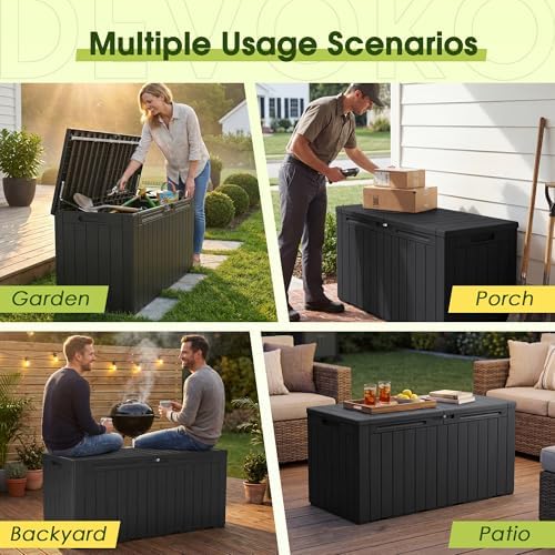devoko 100 gallon outdoor storage box, waterproof deck showing dimensions