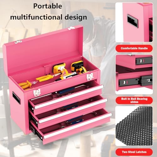 3 drawer metal tool box, portable metal tool, side view
