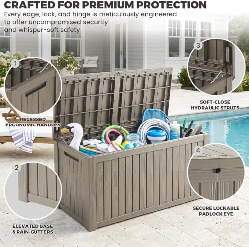 outdoor storage box, 200 gallon waterproof deck box, close-up detail