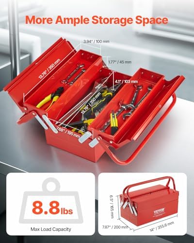 vevor metal tool box, 14-inch, 2-tier 3-tray portable shown in use