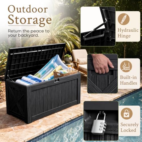 devoko 120 gallon deck box resin outdoor storage shown in use