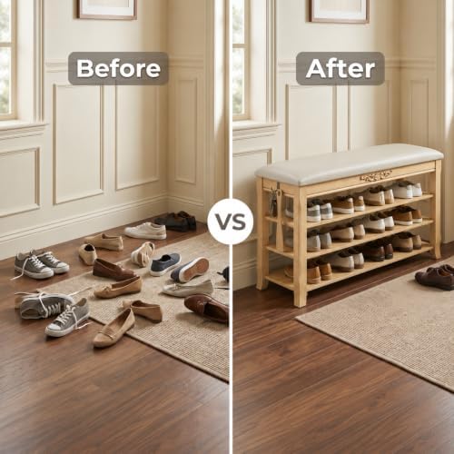 shoe rack bench entryway storage with leather cushion, view 9