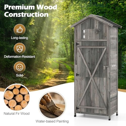 ironmax outdoor wooden storage shed with folding table, side view