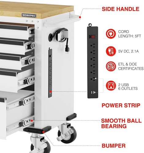 workpro 52" x 20" rolling tool chest, 5-drawer showing dimensions