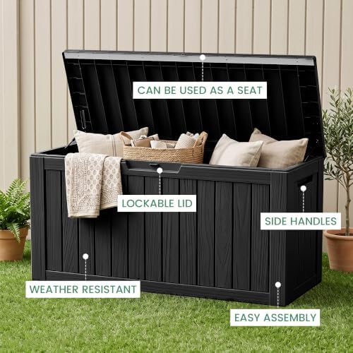 80 gallon outdoor storage box, waterproof resin deck showing dimensions