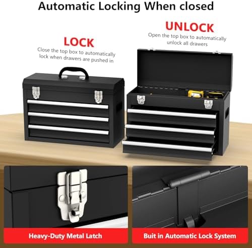 3 drawer metal tool box, portable metal tool, close-up detail