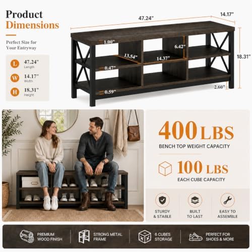 fatorri industrial shoe bench with storage, rustic entryway shown in use