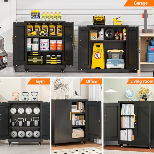 small metal storage cabinet with wheels, lockable tool, close-up detail