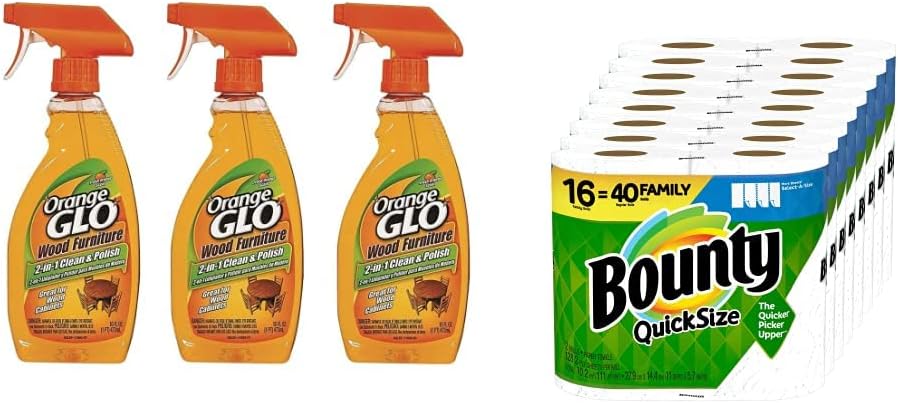 Orange Glo 640823841079 (Pack of 3) Wood Furniture 2-in-1 Clean and Polish, 144 Fl Oz & Bounty Quick-Size Paper Towels, White, 16 Family Rolls = 40 Regular Rolls