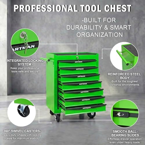 7-drawer rolling tool chest, lockable for garage, green on a desk or shelf