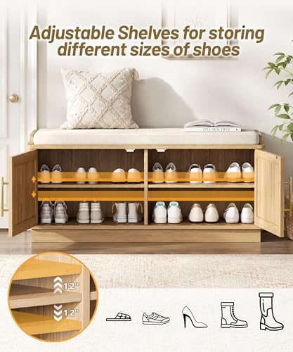 akxomel 39.4" fluted shoe storage bench 2 doors showing dimensions