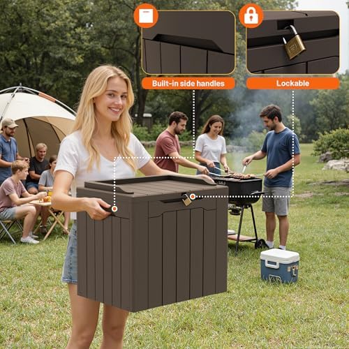 32 gallon deck box outdoor indoor waterproof storage showing dimensions