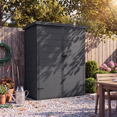 aoxun 55 cuft outdoor tall storage shed, 5×3×7ft shown in use