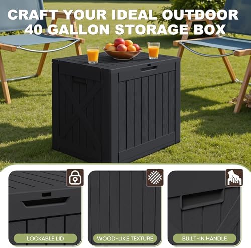 greesum 40 gallon resin deck box, outdoor storage shown in use