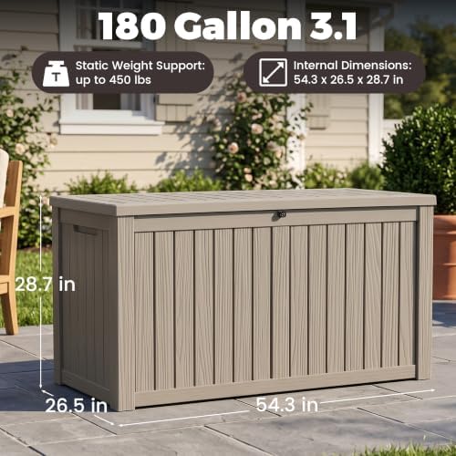 outdoor storage box, 180 gallon waterproof deck box shown in use