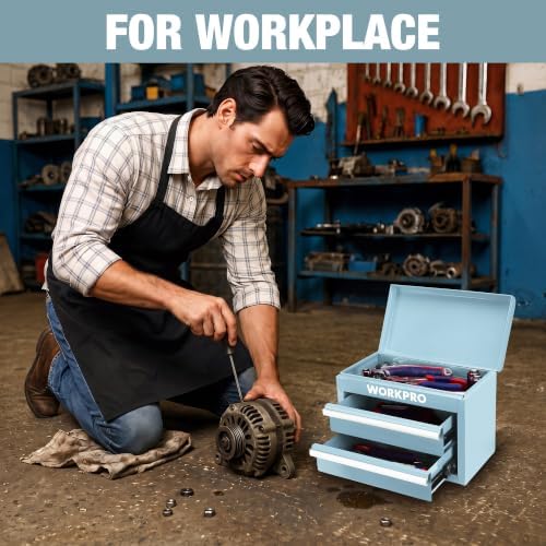workpro metal mini tool box with 2 drawers on a desk or shelf