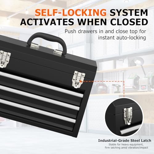 portable metal tool box with drawers, latches tool, side view
