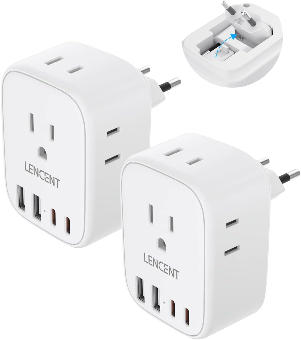 LENCENT Foldable European Travel Plug Adapter, US to Europe Type C Adapter | 2 Pack Power Plug with USB C Ports 4 Outlets, Adapter for USA to EU Euro Iceland Spain Italy France Germany Greece Portugal