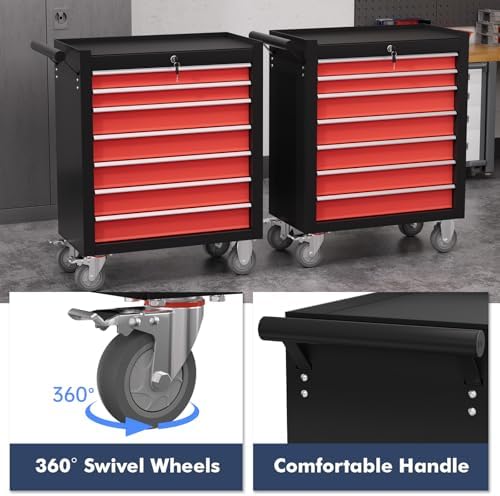 7-drawer tool chest,rolling tool cart with wheels,high capacity showing dimensions