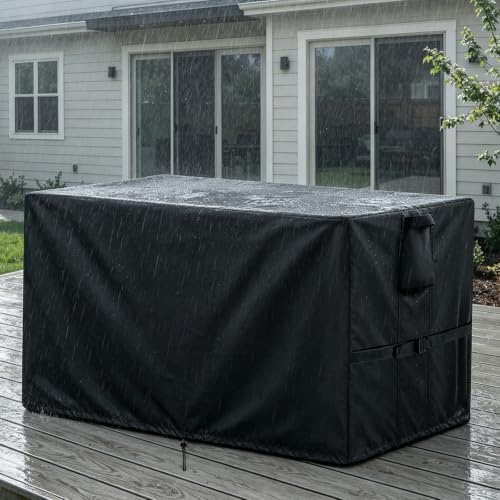 outdoor storage box cover for 260 gallon deck, front angle view