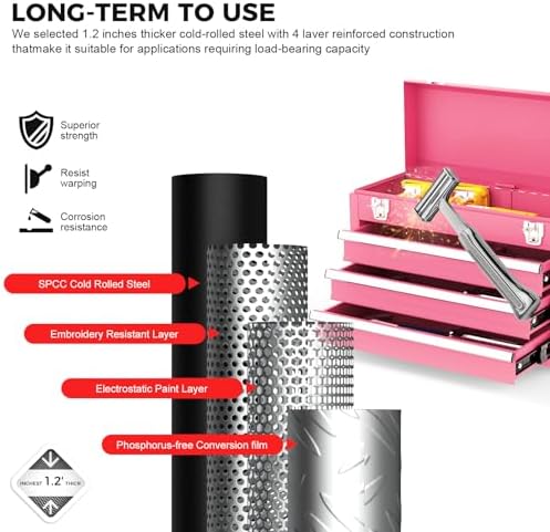 3 drawer metal tool box, portable metal tool showing dimensions