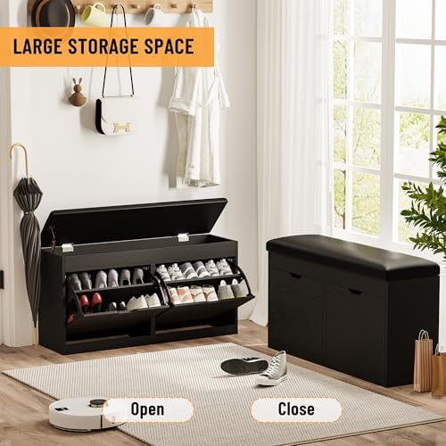 40" shoe storage bench with flip drawers padded on a desk or shelf