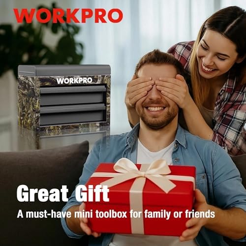 workpro metal mini tool box with 2 drawers on a desk or shelf