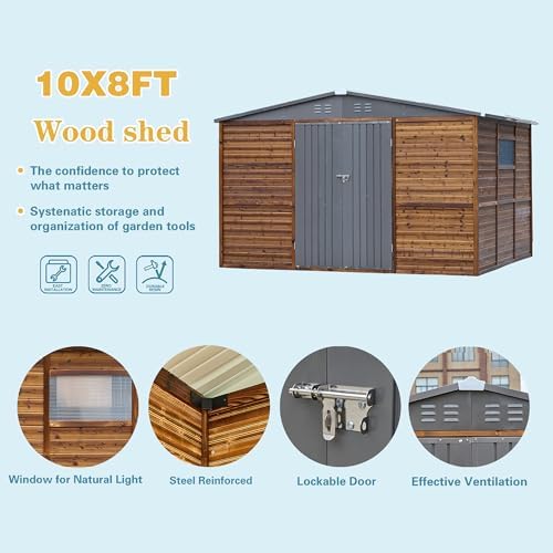 10x8 ft outdoor wood & metal storage shed on a desk or shelf