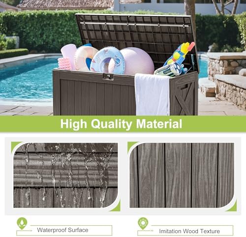 greesum 120 gallon deck box, resin outdoor storage shown in use