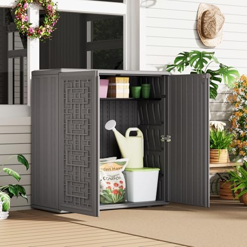 homspark indoor/outdoor storage cabinet with doors and shelf shown in use