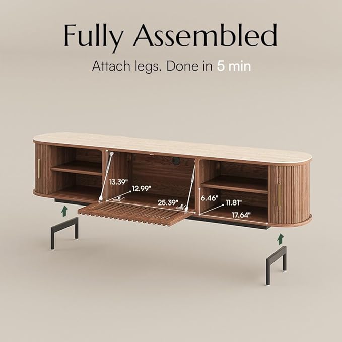 POVISON Fully-Assembled Sliding Tambour Door TV Stand, Mid Century Modern - Image 5