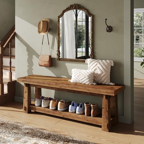 solid wood entryway bench, 55" rustic bench seat, side view