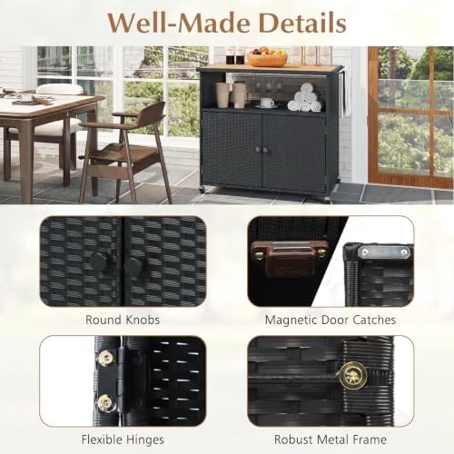 happygrill outdoor storage cabinet with wheels, pe rattan, front angle view