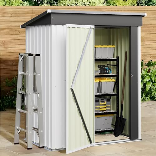 jummico metal outdoor storage shed 5 x 3 shown in use